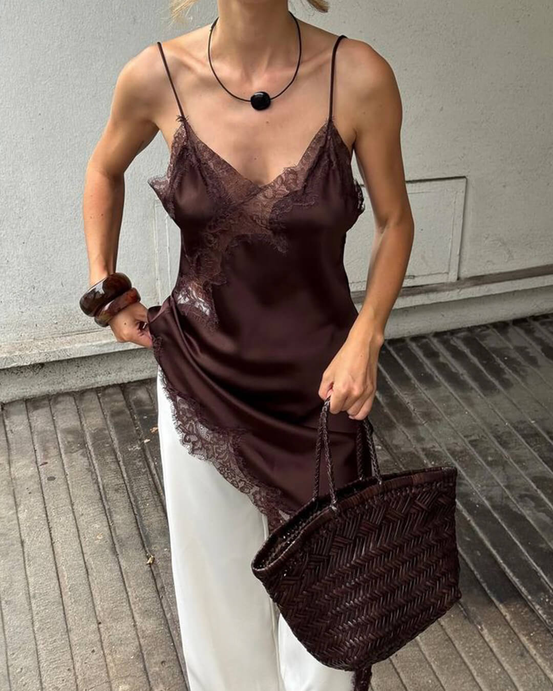 SOERA Arah Asymmetric Satin Lace Midi Dress - Dresses - Ad1760544073335996236 Brown Dress M