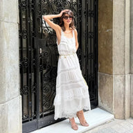 Robe maxi Bianca à volants en patchwork de dentelle
