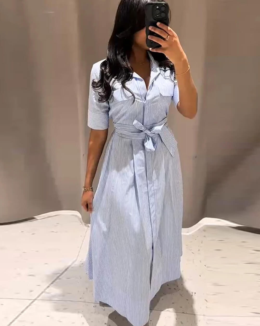 SOERA Katniss Striped Lace - Up Collar Maxi Dress - Dresses -  Blue M