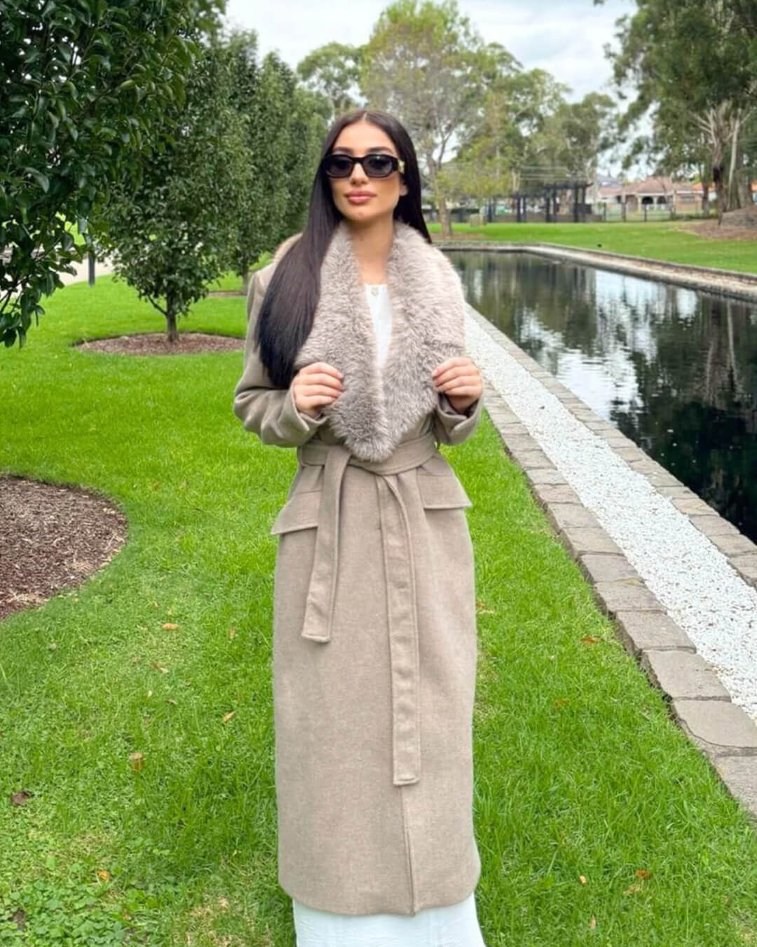 SOERA Flora Faux Fur Collar Maxi Coat in Beige