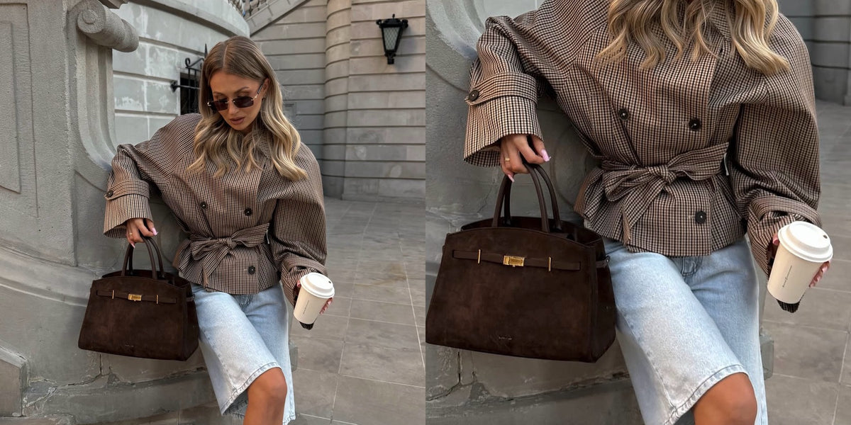 SOERA checked autumn jacket styled with a brown handbag