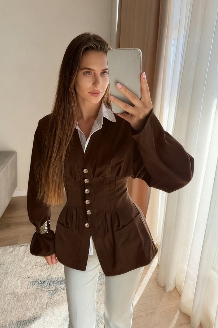 SOERA Beatrice Pleated Slim Vintage Waist Blazer - Jacket -  Brown S
