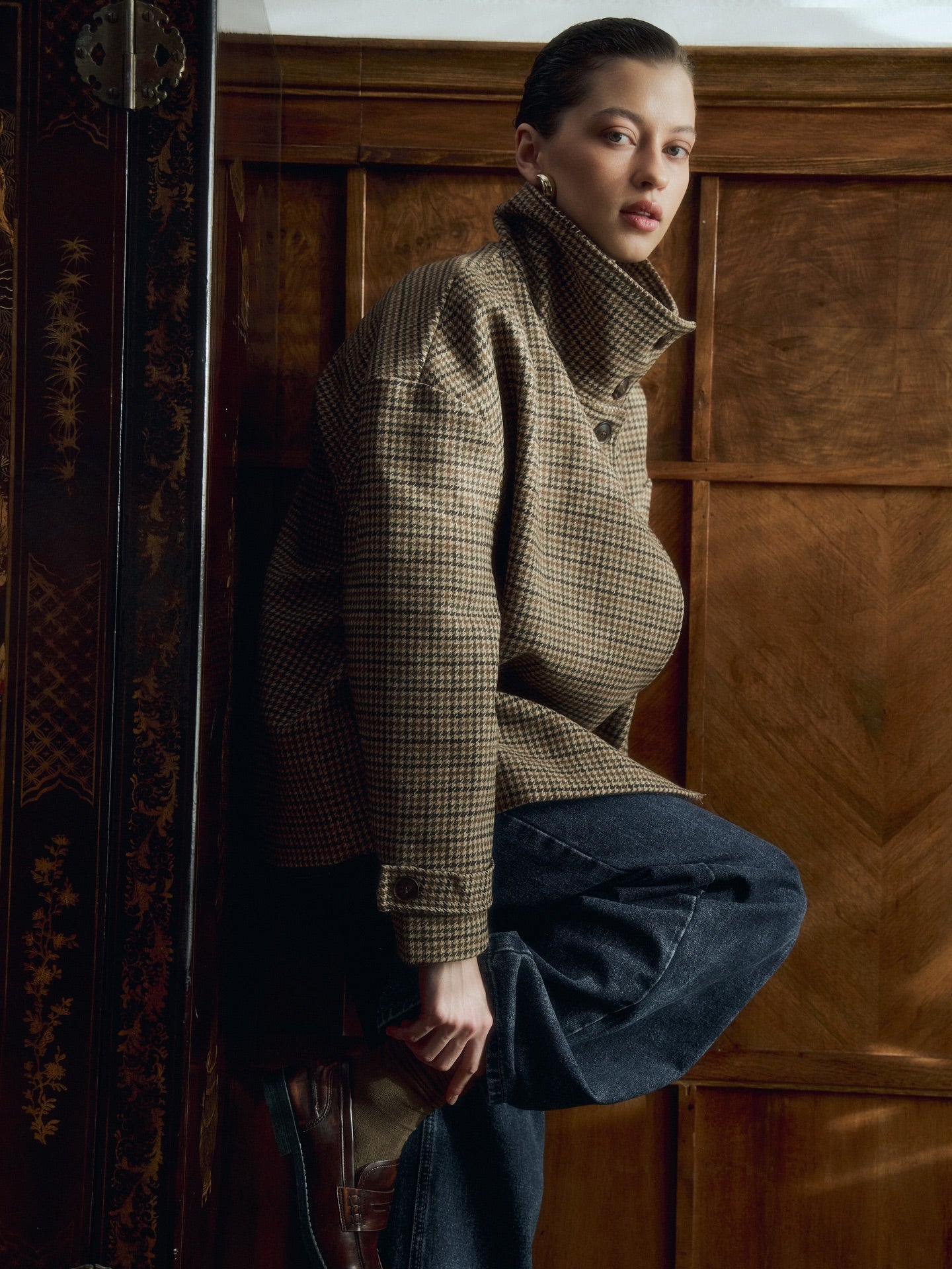 SOERA Ava Funnel Neck Houndstooth Short Jacket - Jackets - SOERA-100995-KHA-M-82115 M