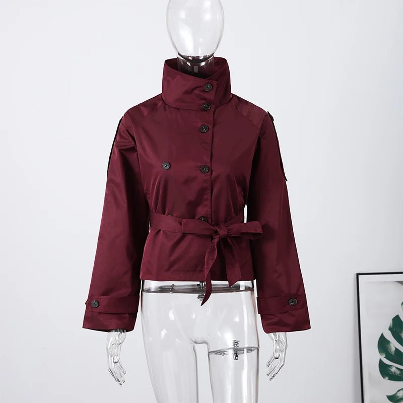 SOERA Kara Stand Collar Belted Crop Trenchcoat - Jackets - 1005009693239722-;dD1771494648611088341 Burgundy XS