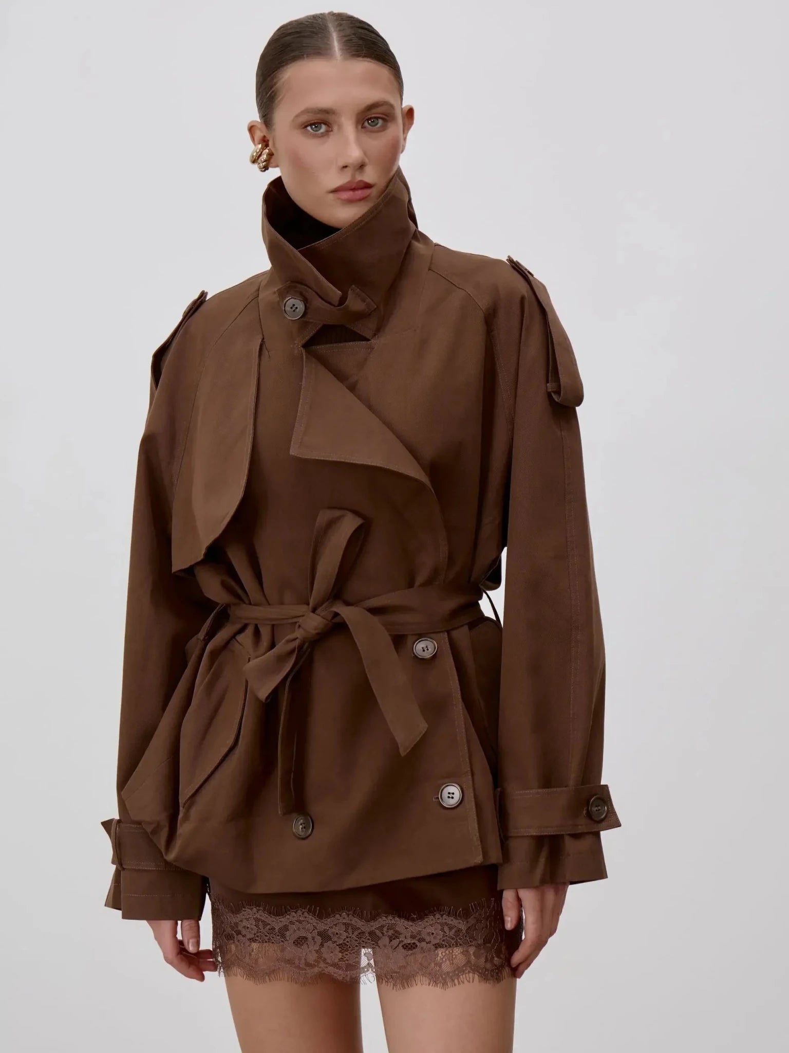 SOERA Sonia Lace Up Stand Collar Trenchcoat - Jackets - 1005011734952768-;UU1773321573269886078 Dark Brown S