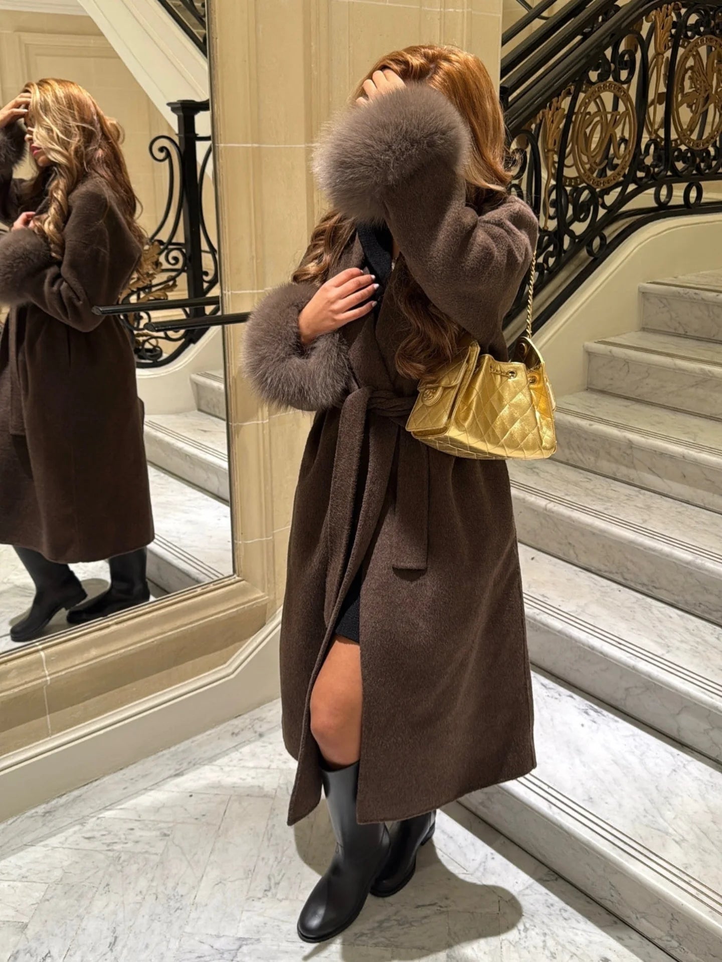 SOERA Wool Wrap Coat with Fox Fur Cuff - Jackets - 3256809512722732-;cw1766845283312873778 Long Coffee M