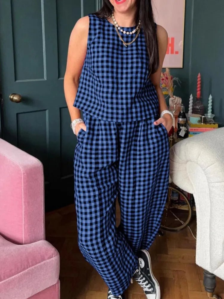 SOERA Zara Plaid Sleeveless Vest Nine Point Pants Set - Jumpsuit -  Blue S