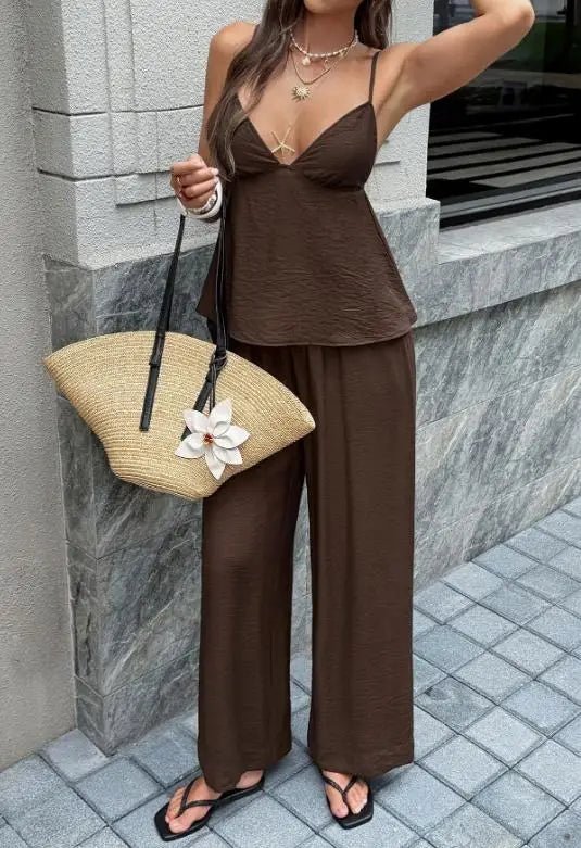 SOERA Odette Deep V-Neck Cami Wide Leg Pants Set - Jumpsuits & Rompers -  Brown S