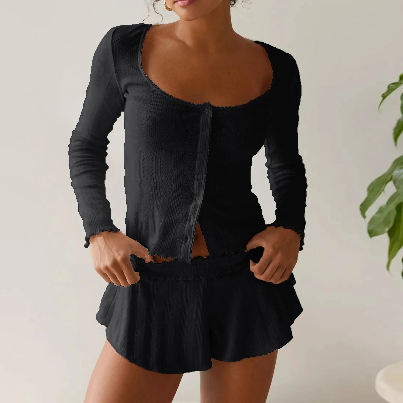 SOERA Amalia Long Sleeve Pajama Set - Matching Sets - 1005006318696375-;EF1770619319247021606 Black S