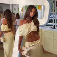Ensemble Arlette haut court plissé en satin et jupe