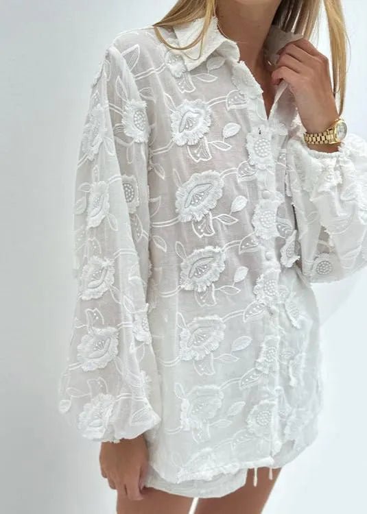 SOERA Beatrice Sheer Embroidered Shirt & High - Waist Shorts Set - Matching Sets -  M