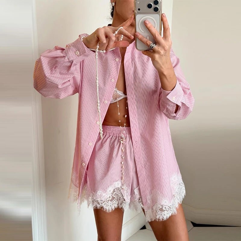 SOERA Celeste Lace Patchwork Beach Shirt Set - Matching Sets -  Pink Striped S