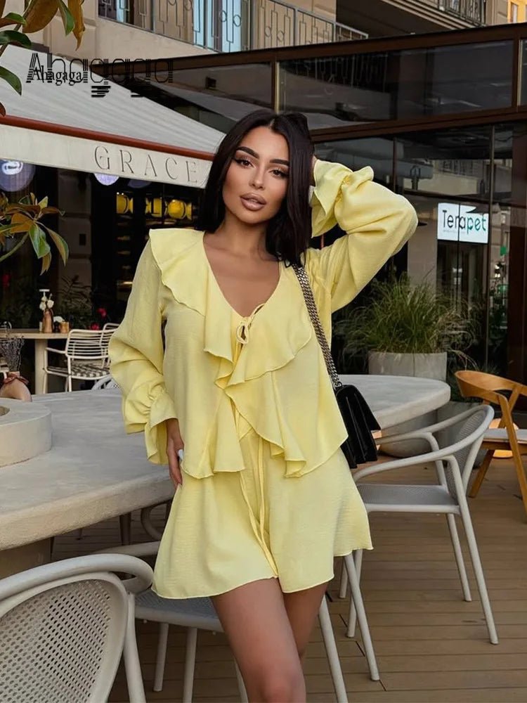 SOERA Cordelia V - Neck Ruffle Two - Piece Set - Matching Sets -  Yellow S