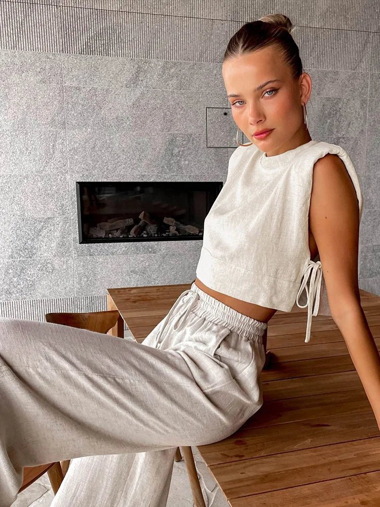 SOERA Delfina Linen Crop Top Two Piece Set - Matching Sets -  Beige S