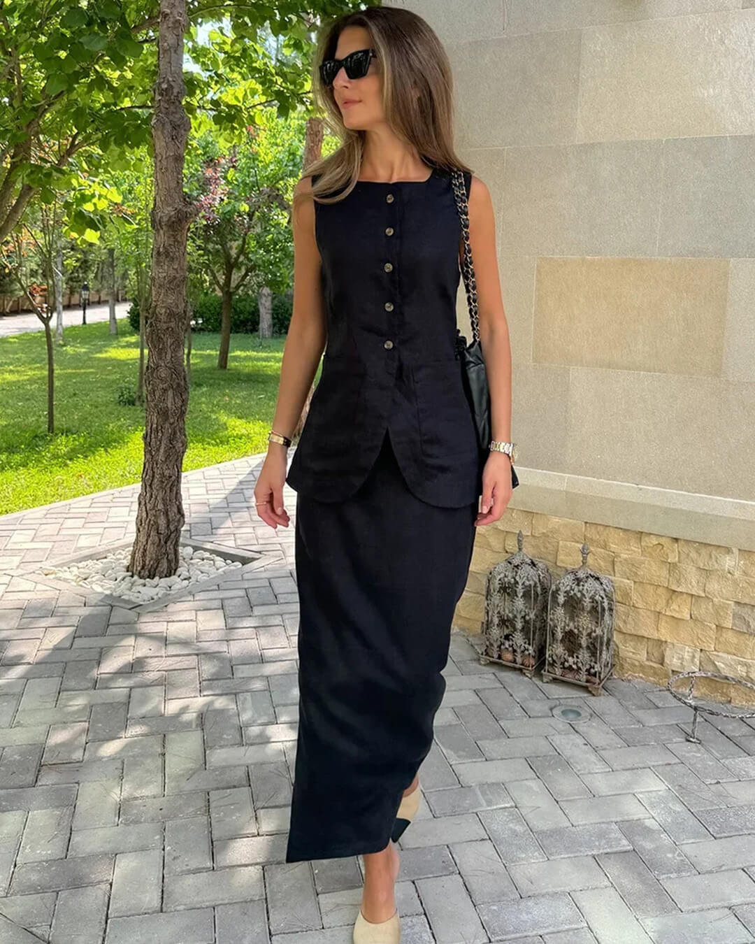 SOERA Irma Sleeveless Linen Set - Matching Sets -  Top Black