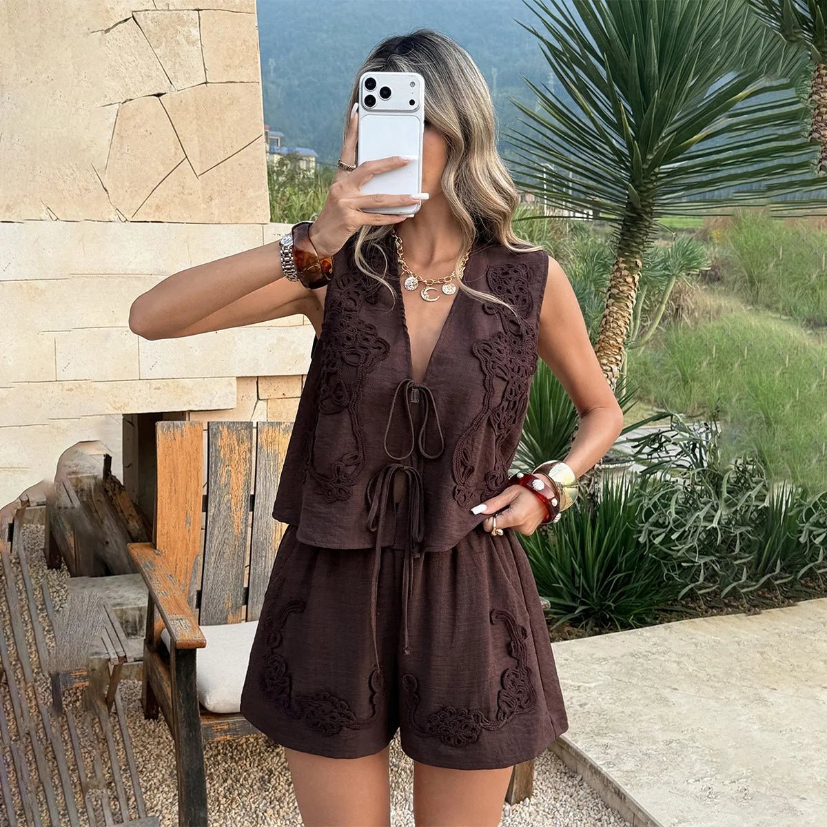 SOERA Nia Two - Piece Sleeveless Lounge Set - Matching Sets -  Chocolate Brown S