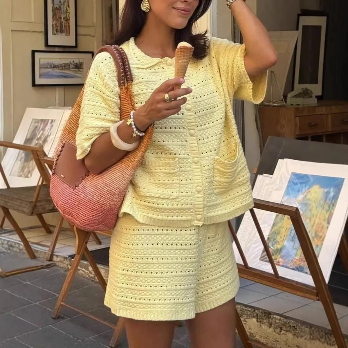 SOERA Sasha Solid Knit Cardigan Shorts Set - Matching Sets -  Yellow M