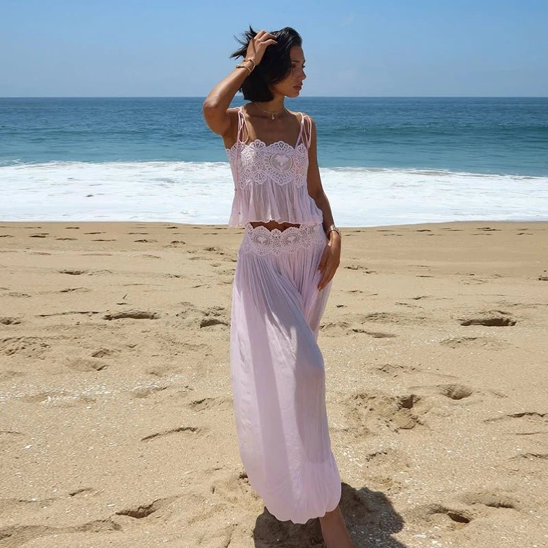 SOERA Sophia Floral Lace Ruffle Crop Top & Maxi Skirt Set - Matching Sets - SOERA-183747-PIN-L-07491 L