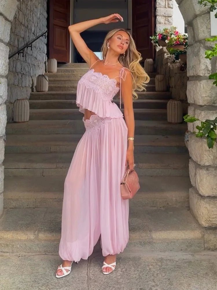 SOERA Sophia Floral Lace Ruffle Crop Top & Maxi Skirt Set - Matching Sets - SOERA-183747-PIN-S-41955 S