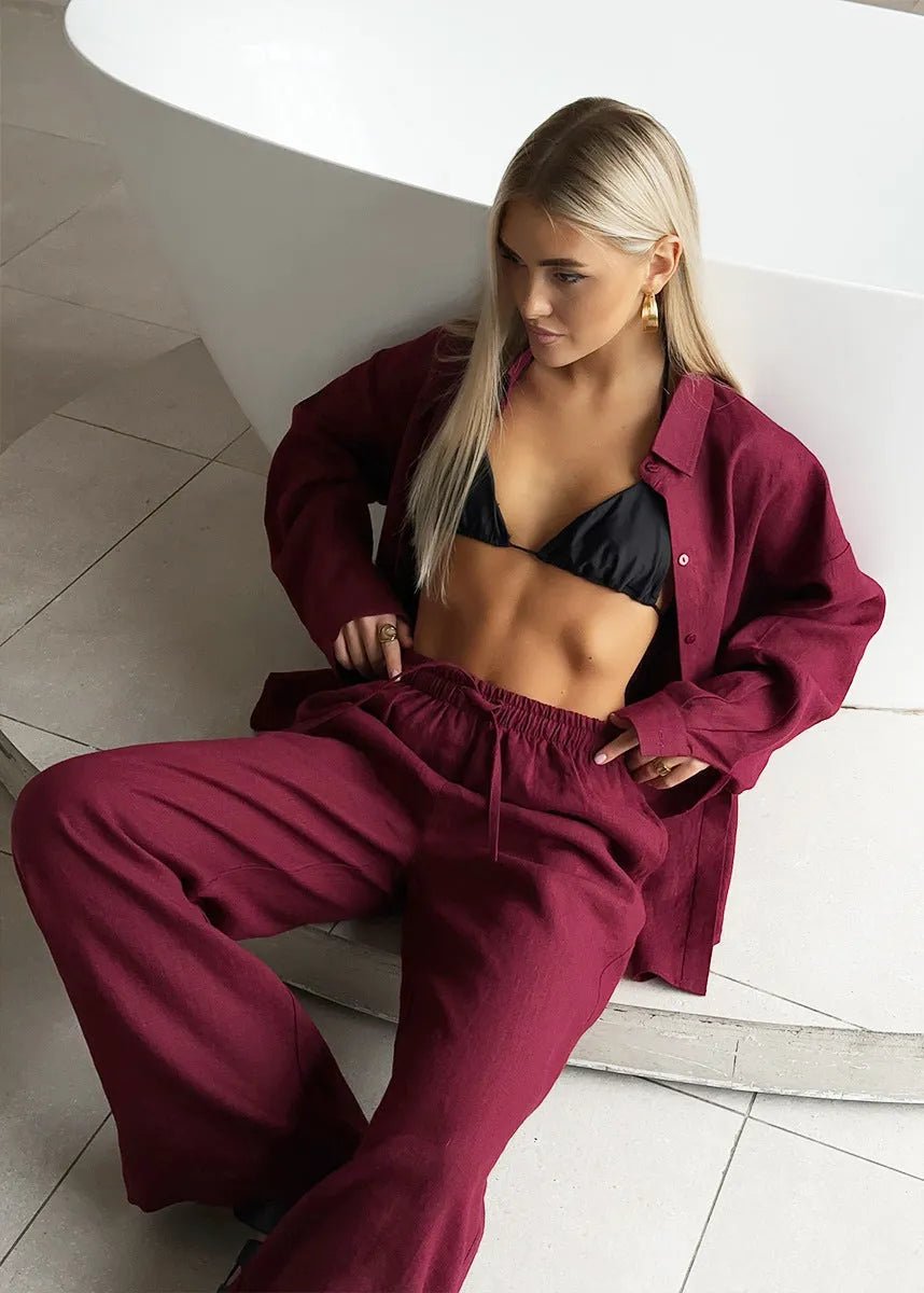 SOERA Bianca Relaxed Cotton Shirt & Wide - Leg Pants Set - Pants -  Burgundy L