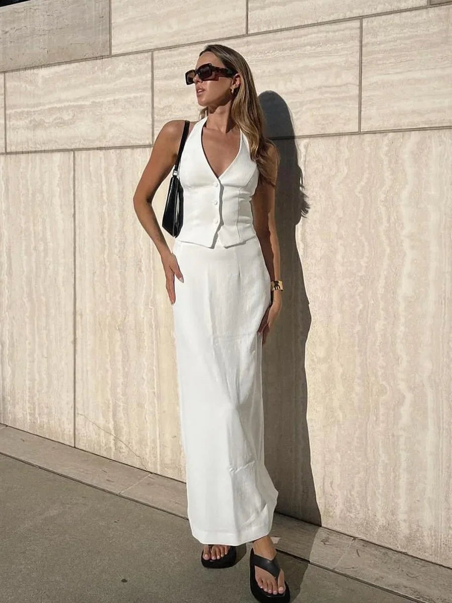 SOERA Reese Halter Neck Vest Skirt Set - Set - 1005009285680429-;LM1776125342422672566 White M