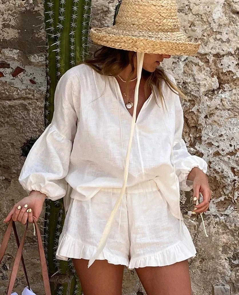 SOERA Luna Long Sleeve Ruffle Shorts Set - Sets - Dy1774929987195111728 White S