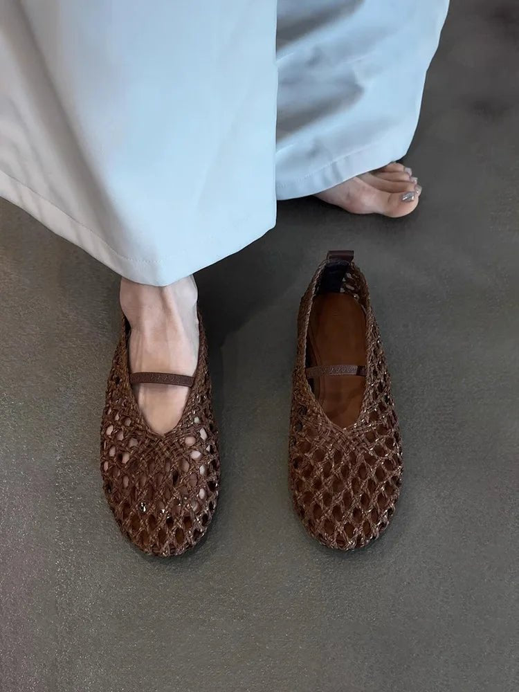 SOERA Francesca Hollow Woven Flat Shoes - Shoes - 1005009205383908-;fI1775031593753095570 Brown 35