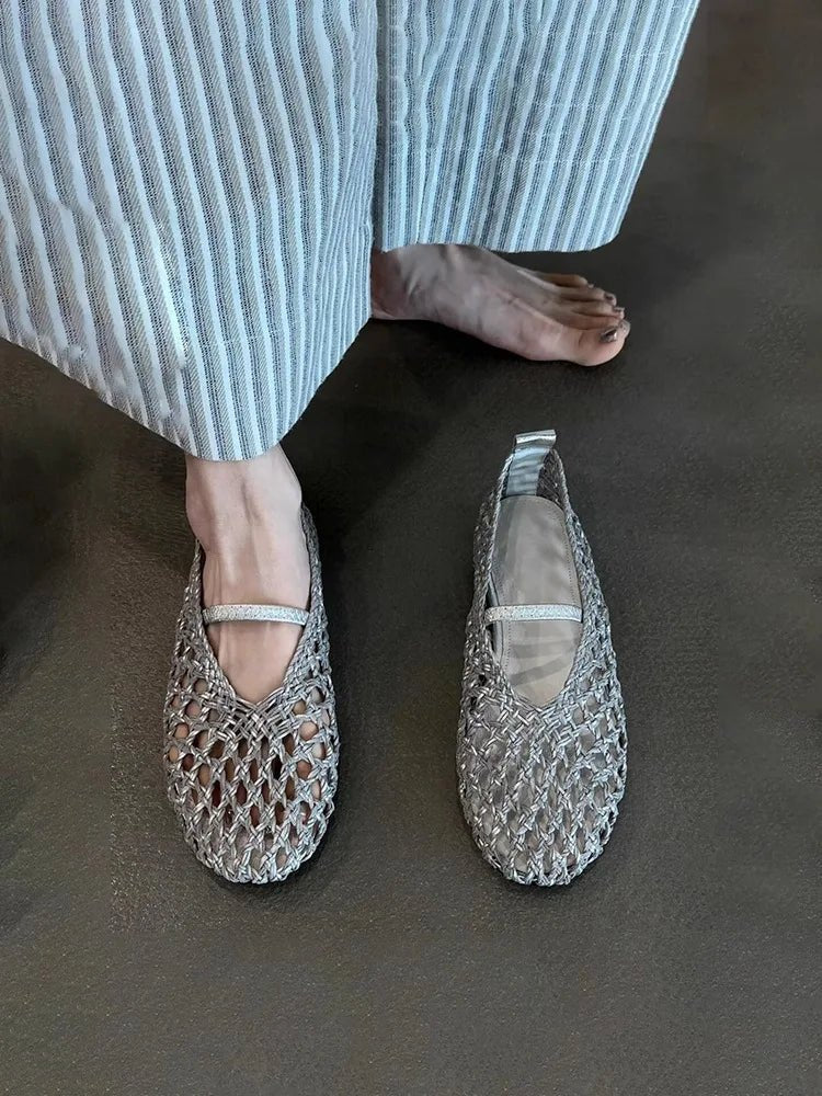 SOERA Francesca Hollow Woven Flat Shoes - Shoes - 1005009205383908-;Yk1775031593752217858 Silver 35