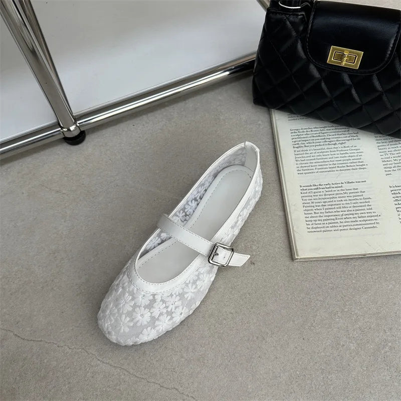 SOERA Helen Mesh Mary Jane Ballet Flats - Shoes - 1005010714131580-;bn1769140528170840642 White 39
