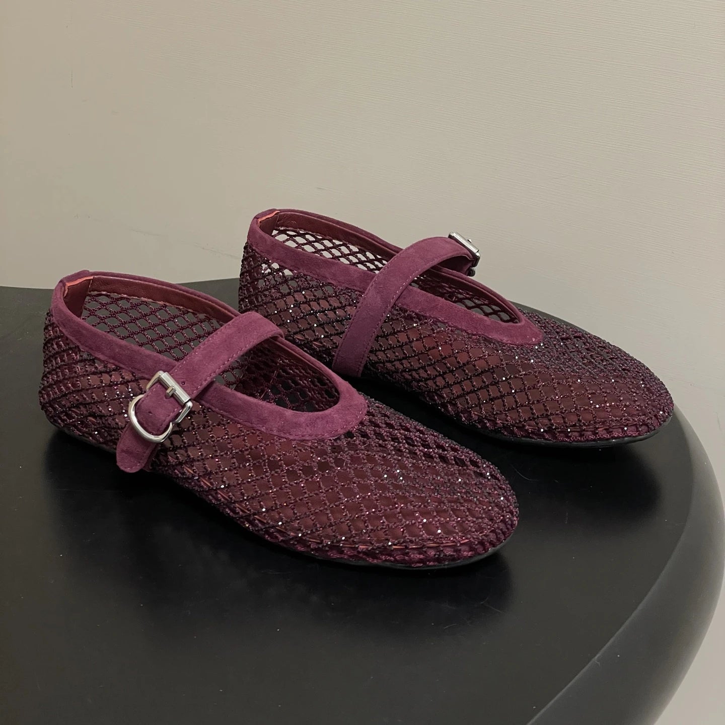 SOERA Jessica Rhinestone Mesh Ballet Flats - Shoes -  Burgundy 34