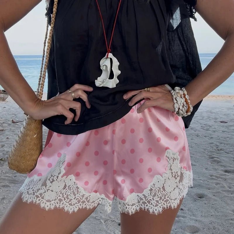 SOERA Margot Lace Trim Polka Dot Satin Shorts - Shorts - 1005010043707999-;Oc1773374042539093339 Pink S