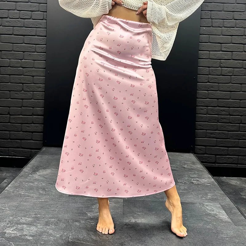SOERA Bianca High Waist Satin Printed Midi Skirt - Skirt -  Pink S