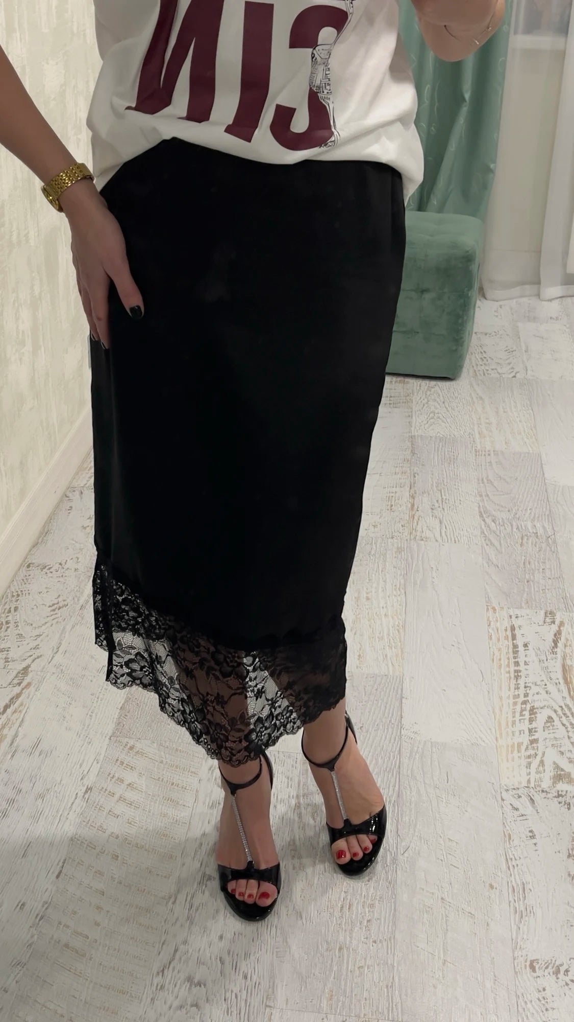 SOERA Cheska Lace Hem Satin Long Skirt with Slit - Skirts - 1005010102307758-;Hq1775031590770014623 Black M