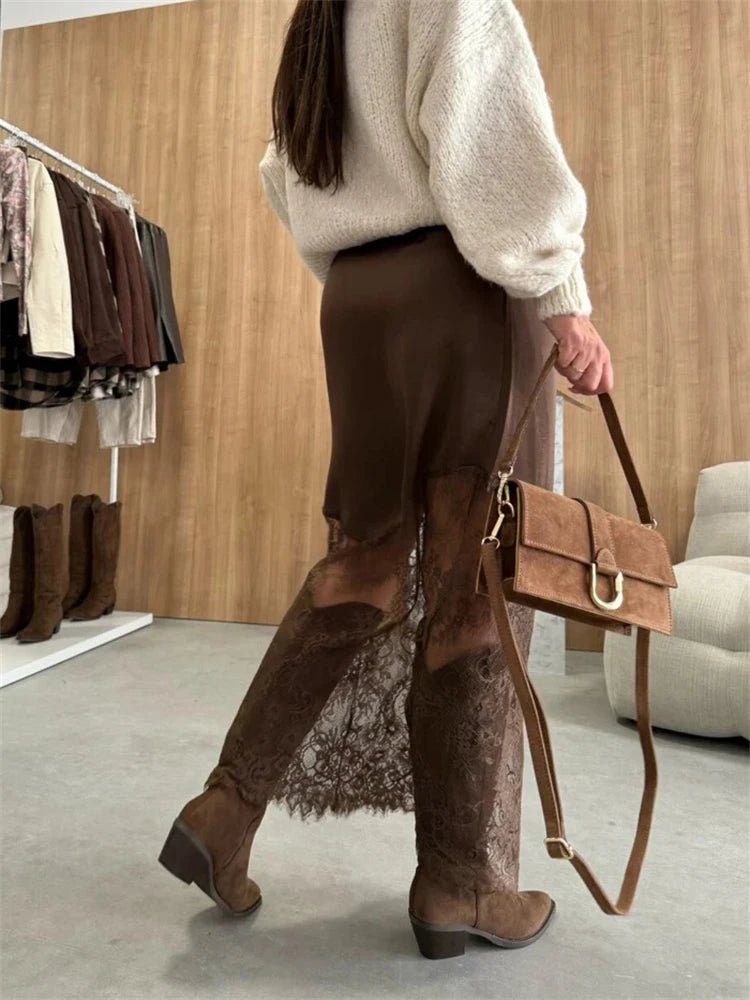 SOERA Diane Satin Lace Maxi Skirt - Skirts - 3256809822824212-;sA1765494891639558520 Brown S