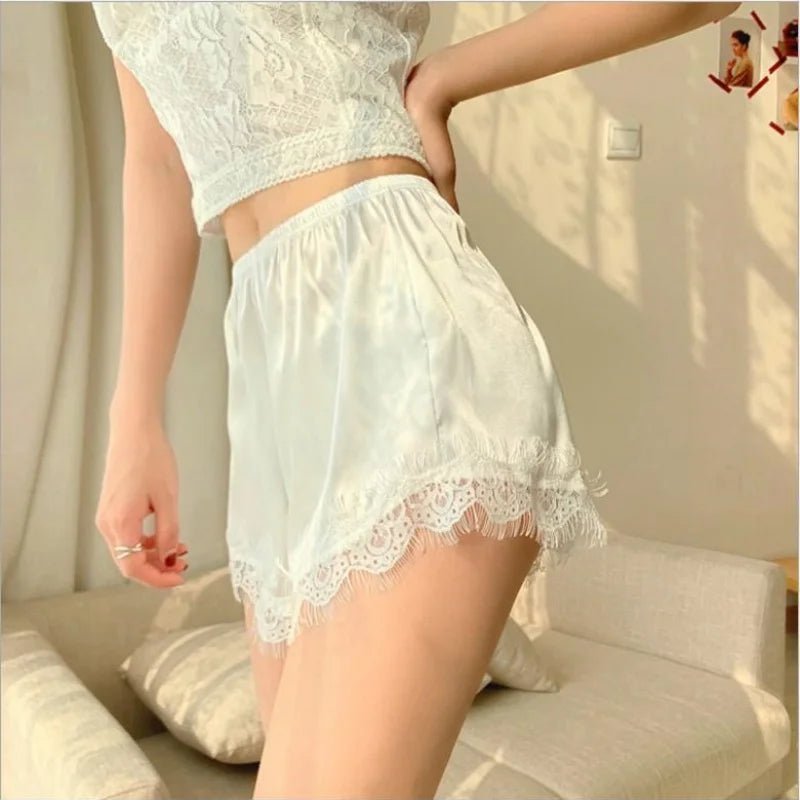 SOERA Elaine Lace Trim Satin Mini Shorts - Sleepwear - 1005010597281427-;Xn1775118415275592113 White S