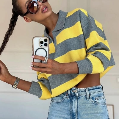 Pull col en V rayé tricoté Una