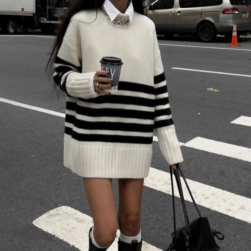 SOERA Flora Oversized Turtle Neck Striped Sweater - Sweaters & Cardigans - 1005008097353902-;DF1764703454935479603 White S