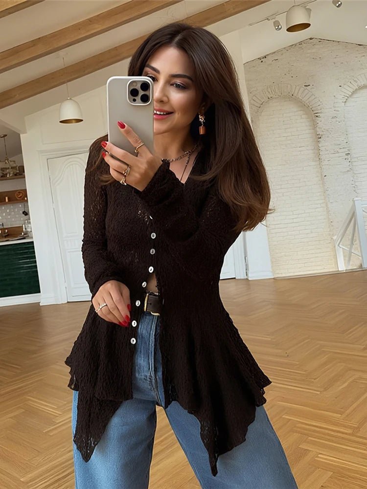 SOERA Jenna Shark Hem Sheer Jacquard Cardigan - Sweaters & Cardigans - 1005009613196786-;ec1775670871871188016 Black S