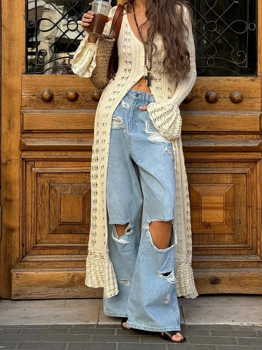 SOERA Lyra Hollow Out Knit Cardigan Dress - Sweaters & Cardigans -  Beige L