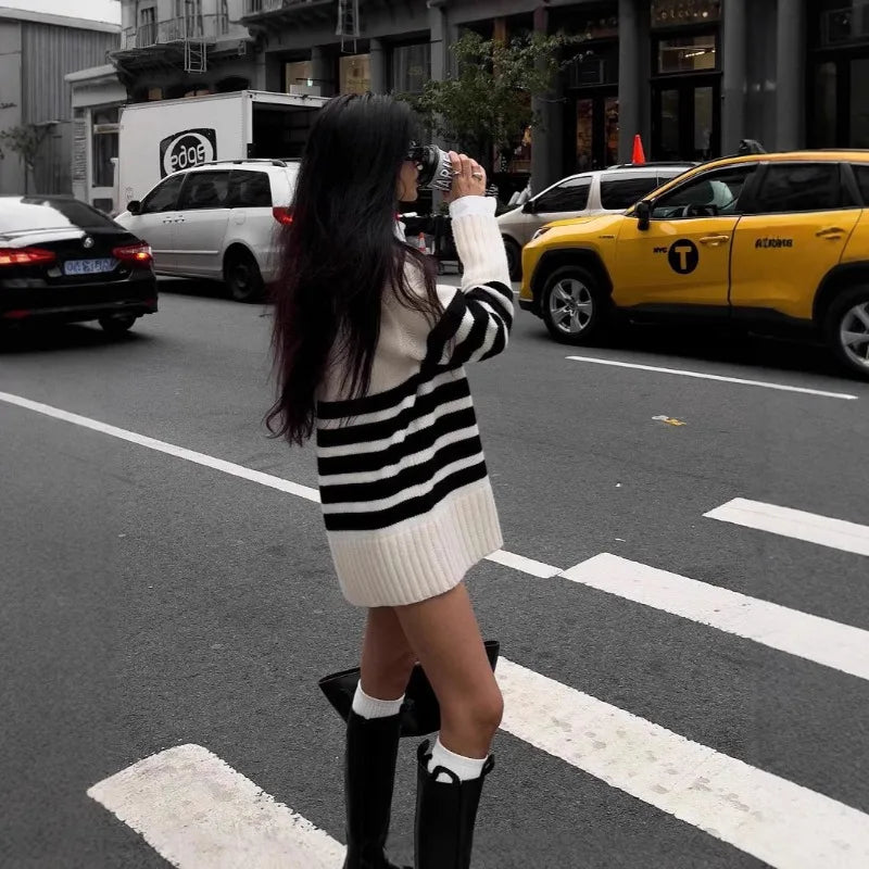 SOERA Flora Oversized Turtle Neck Striped Sweater - Sweaters - 1005008097353902-;Wg1764703454936025879 White L