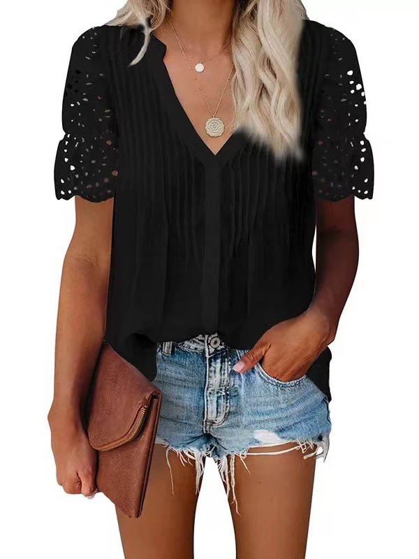SOERA Beatrice V - Neck Lace Sleeve Top - Top -  Black S
