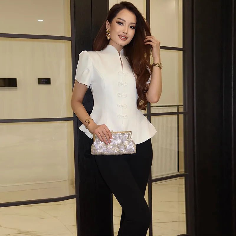 SOERA Bianca Knot Button Stand Collar Top - Top -  White M
