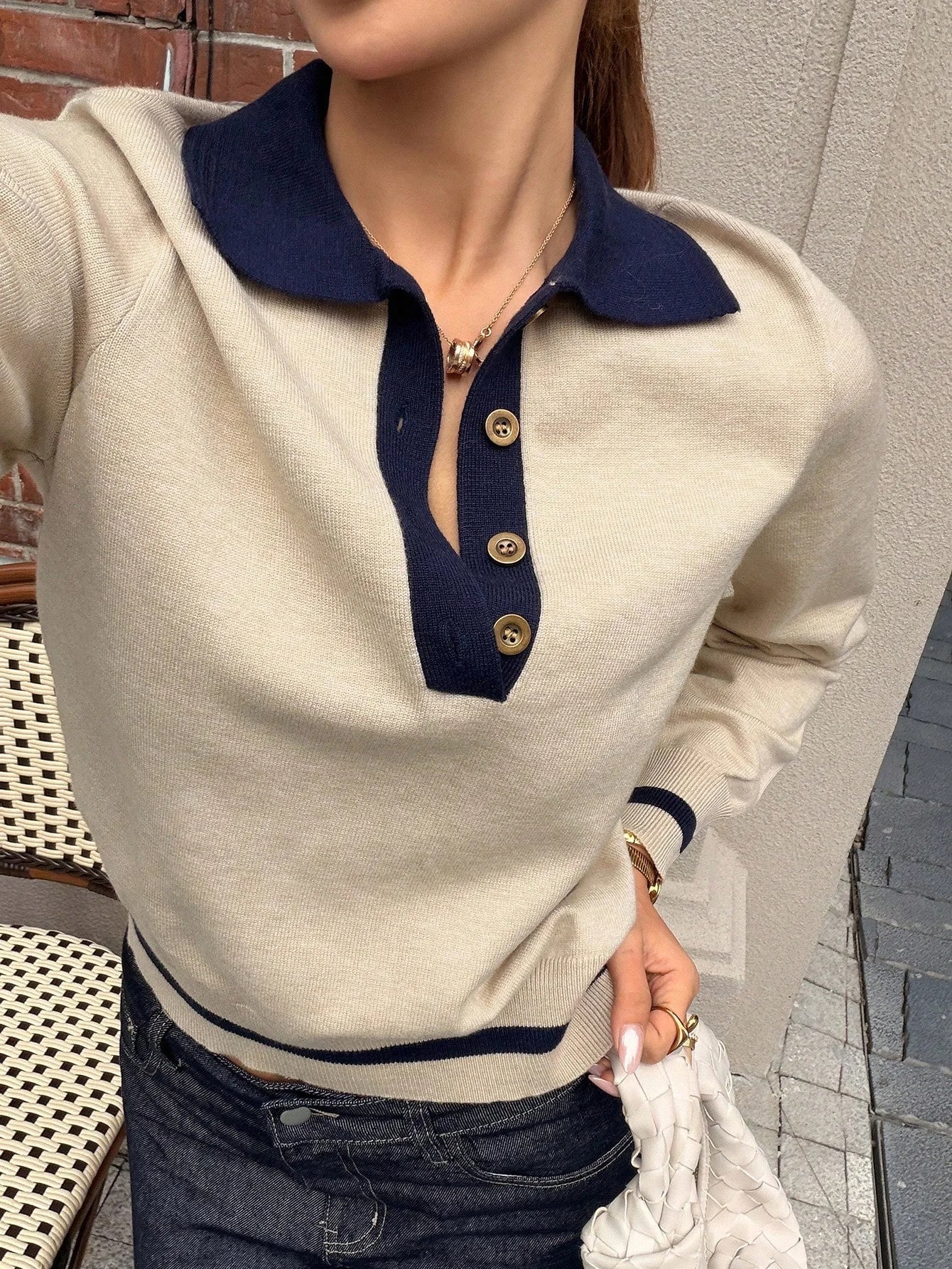 SOERA Paris Color Block Knit Polo Top - Top - SOERA-922947-KHA-L-80579 Khaki L