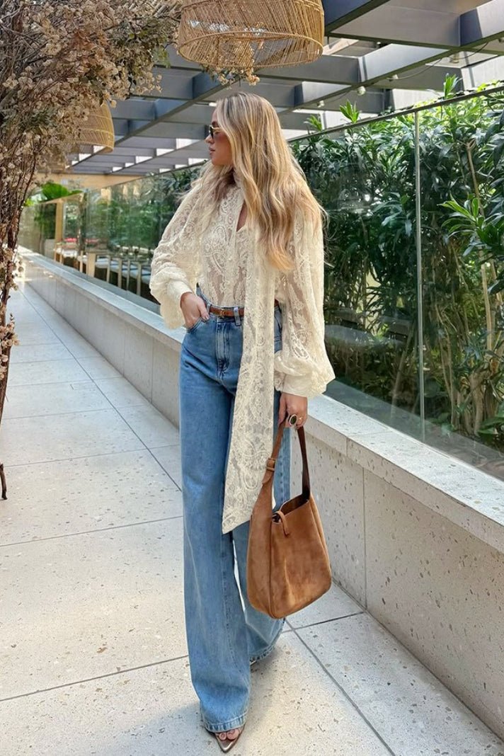 SOERA Dunja Sheer Lace Tie Blouse - Tops -  Beige M