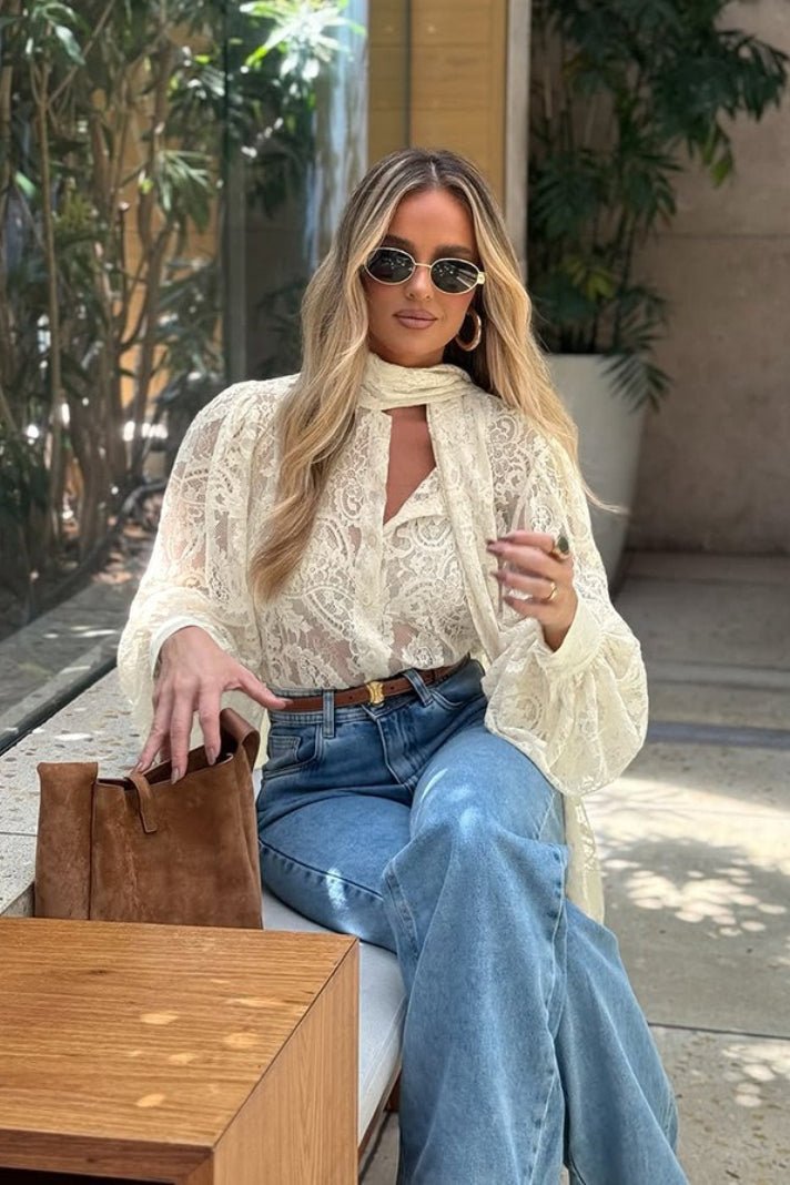 SOERA Dunja Sheer Lace Tie Blouse - Tops -  Beige M