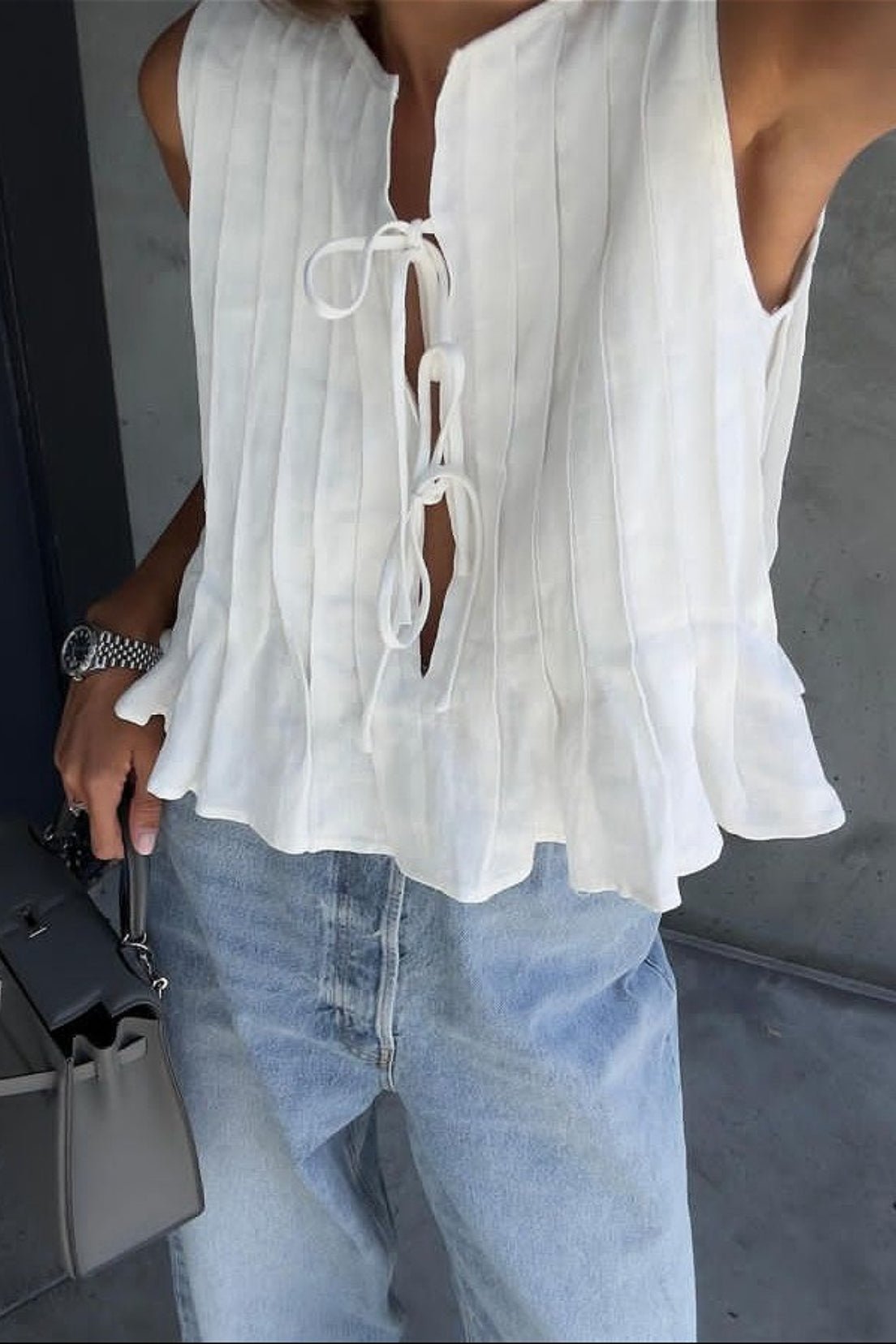 SOERA Honora Ruffle Hem Tie - Front Top - Tops -  White XS