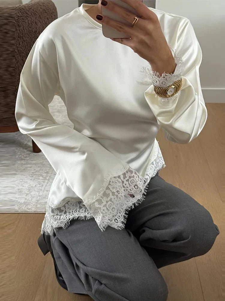 SOERA Serena Lace Satin Long Sleeve Top - Tops -  White M